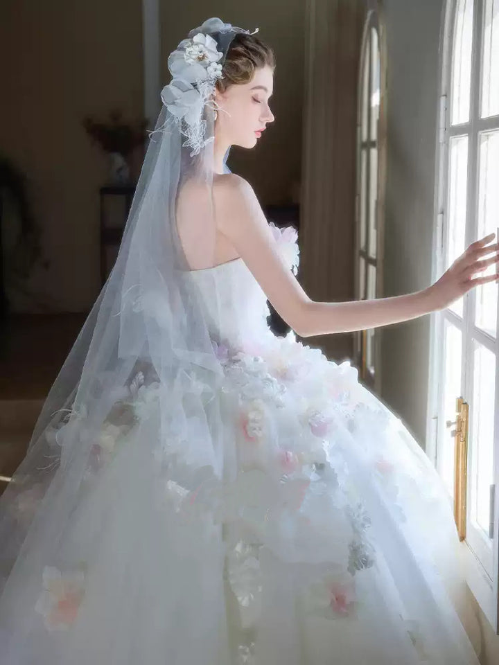 White Strapless Wedding Dress with Tulle Train – Floral Wedding Dress with 3D Flowers Plus Size