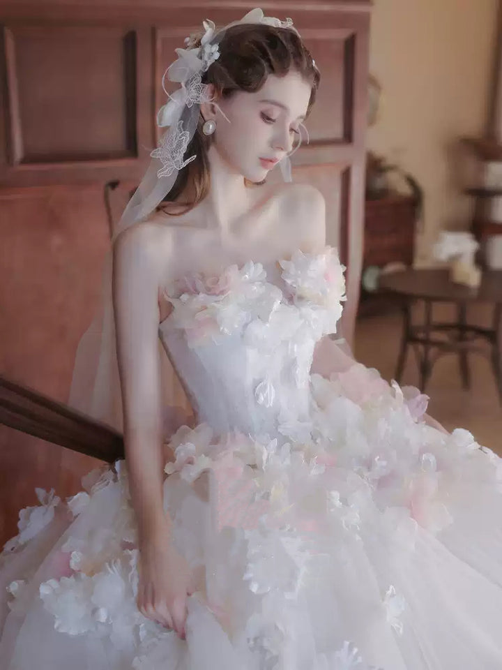 White Strapless Wedding Dress with Tulle Train – Floral Wedding Dress with 3D Flowers Plus Size