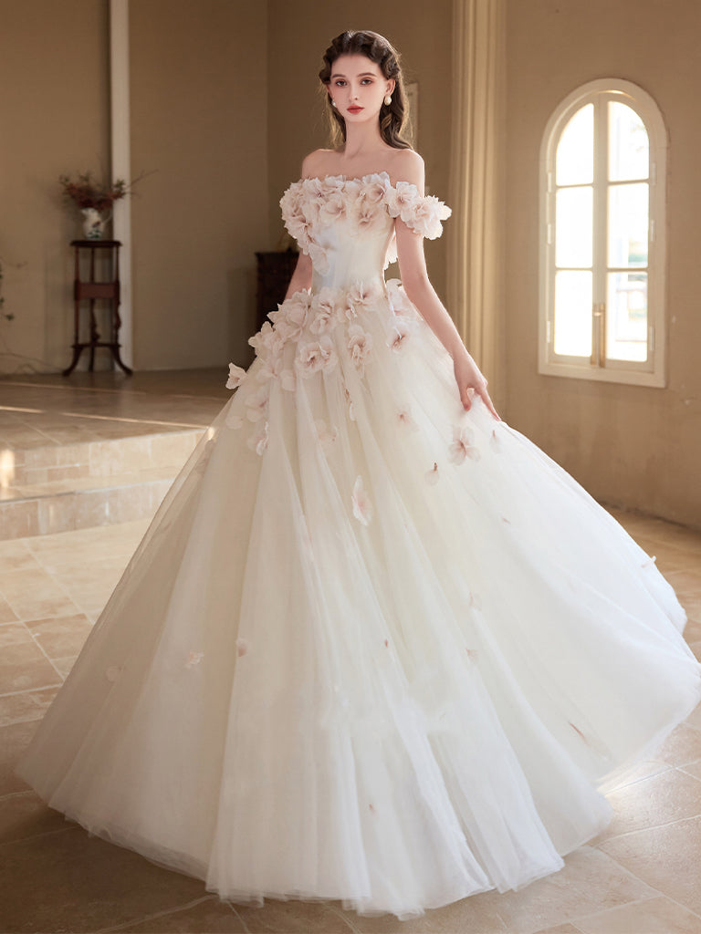 White Off-Shoulder Evening Dress with 3D Floral Appliqué – Floral Even –  WonderlandByLilian