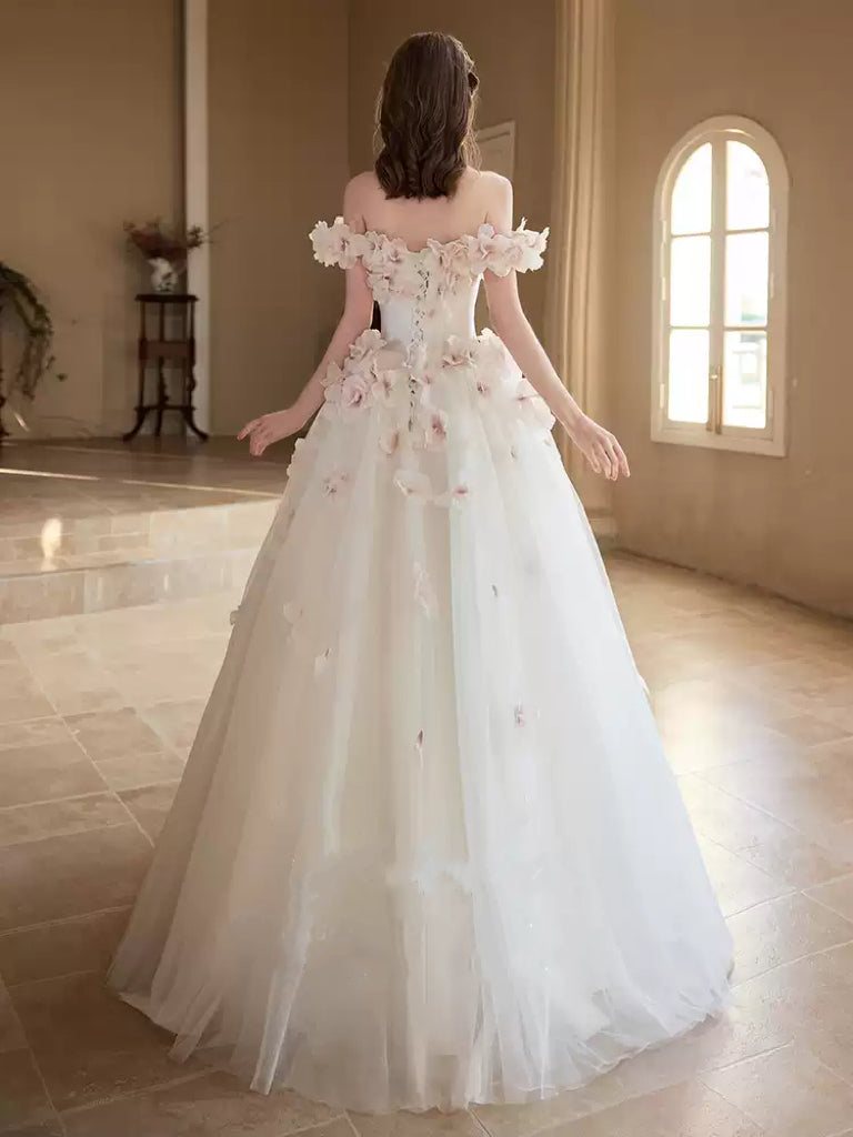 White Off-Shoulder Evening Dress with 3D Floral Appliqué – Floral Evening Dress with Tulle Plus Size