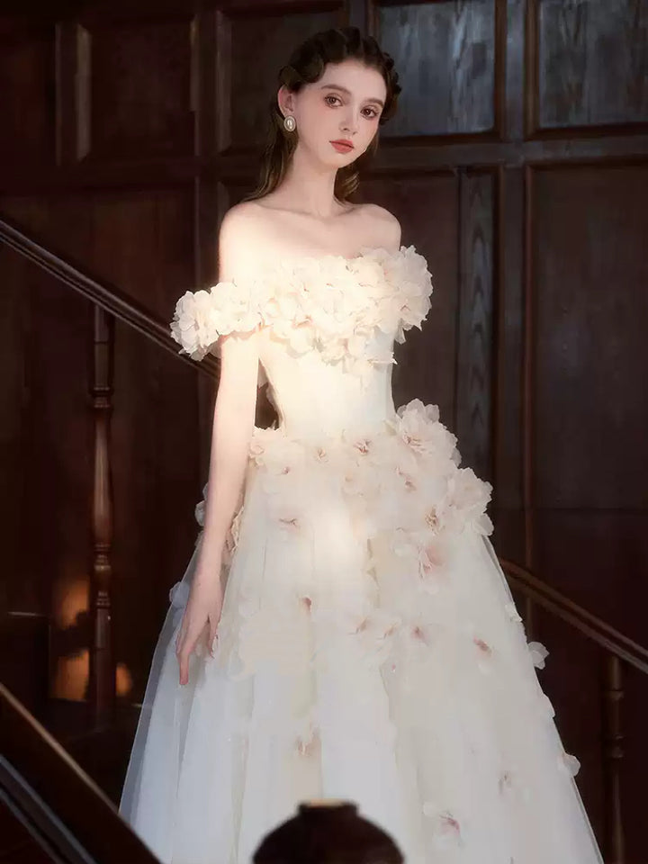 White Off-Shoulder Evening Dress with 3D Floral Appliqué – Floral Evening Dress with Tulle Plus Size