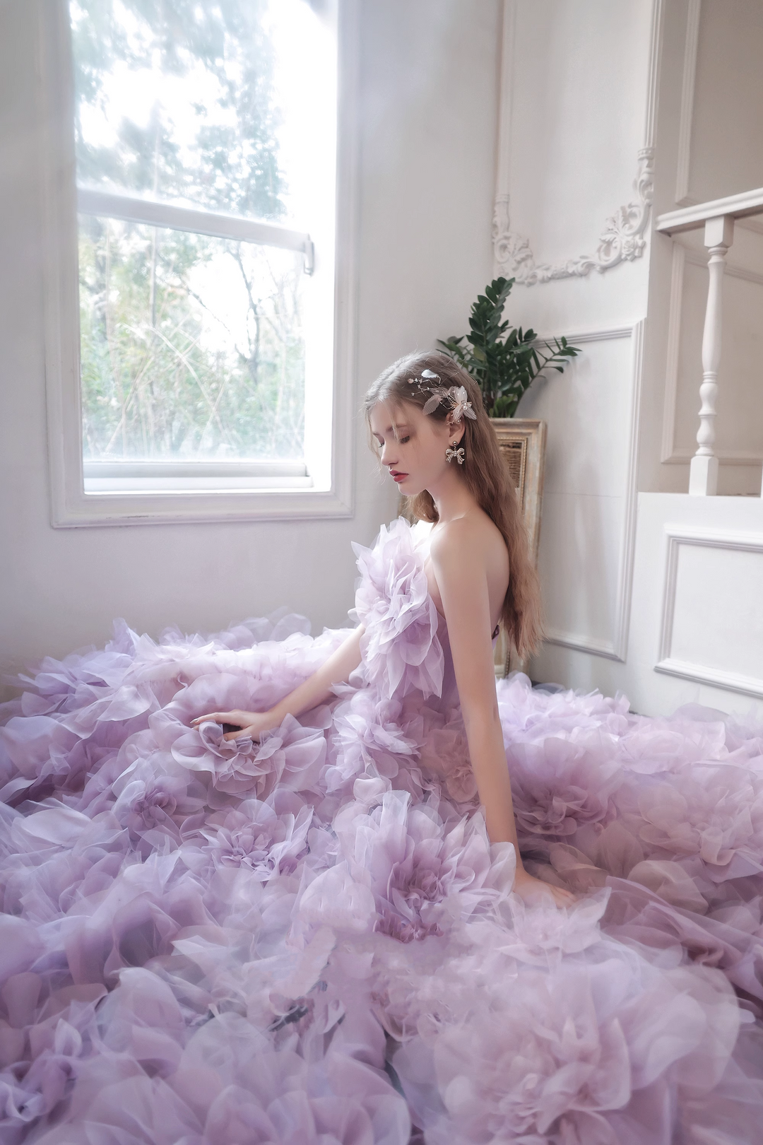 Lavender Purple Strapless Evening Dress with 3D Floral Train – Layered Tulle Ruffle Dress Plus Size