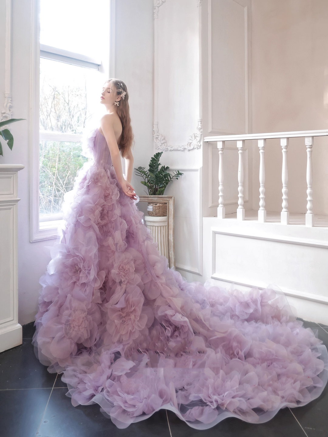 Lavender Purple Strapless Evening Dress with 3D Floral Train – Layered Tulle Ruffle Dress Plus Size