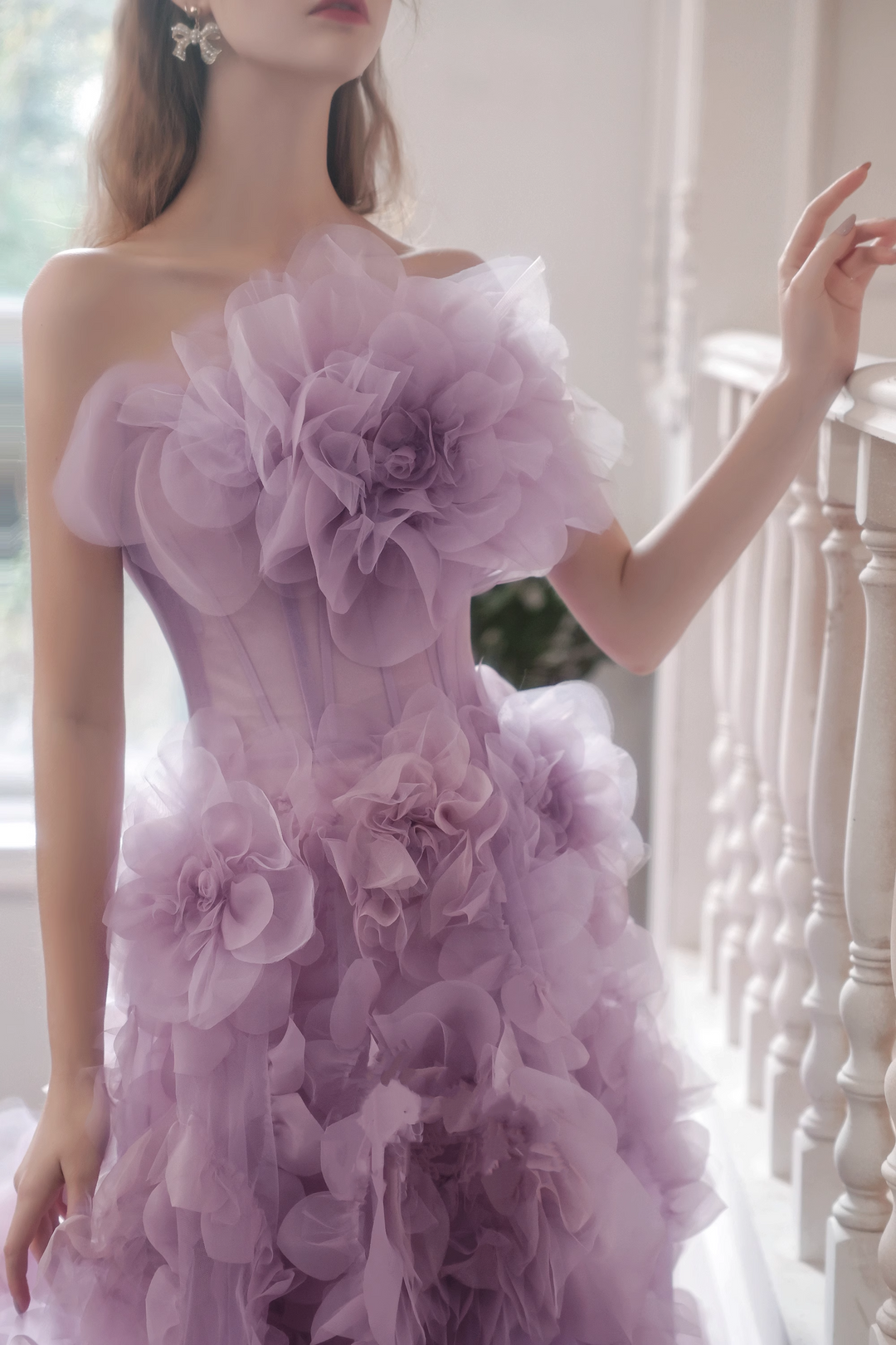 Lavender Purple Strapless Evening Dress with 3D Floral Train – Layered Tulle Ruffle Dress Plus Size