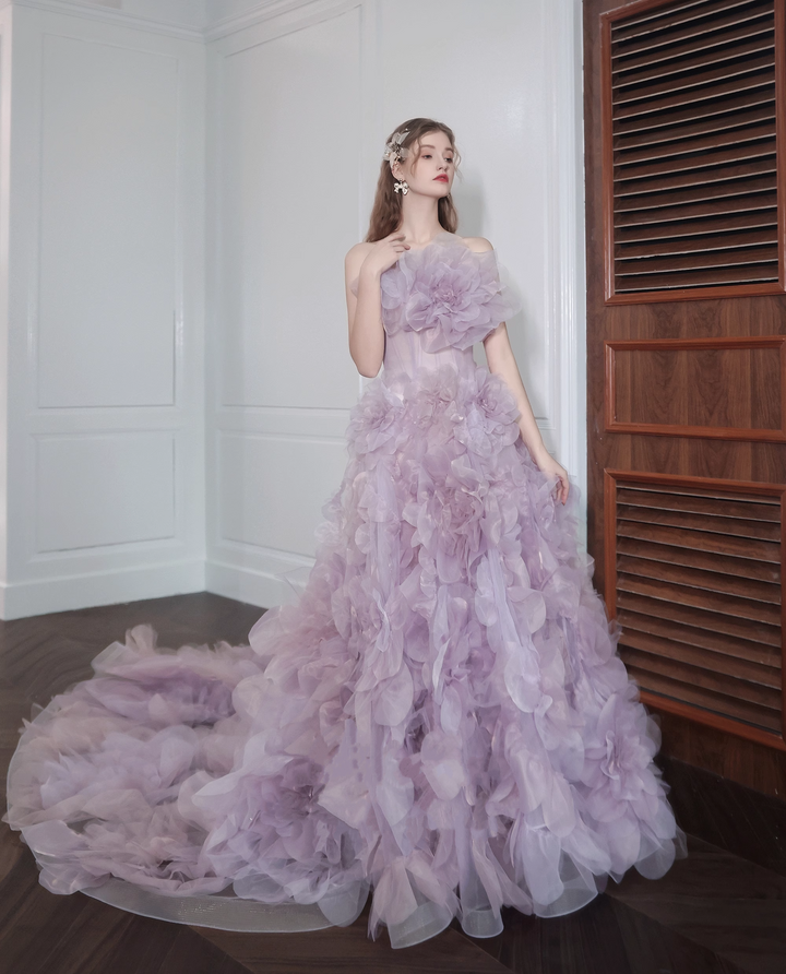 Lavender Purple Strapless Evening Dress with 3D Floral Train – Layered Tulle Ruffle Dress Plus Size