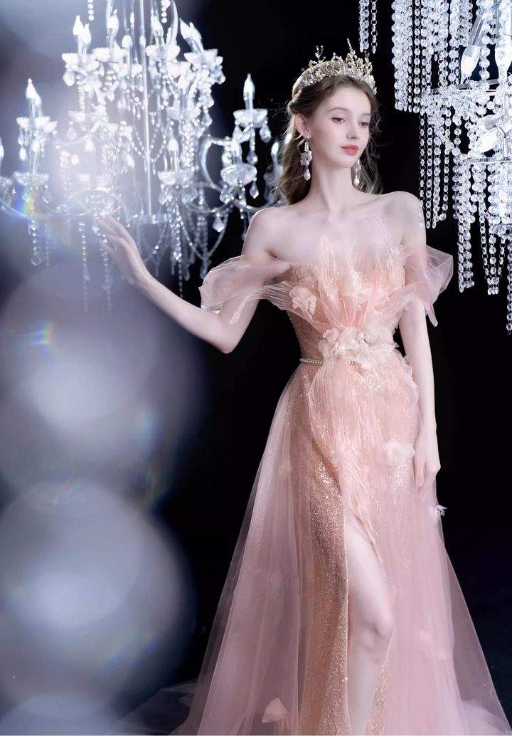 Peach Pink Off the Shoulder Evening Dress with Slit – Sequin Evening Dress with Puff Sleeves and Detachable Train Plus Size