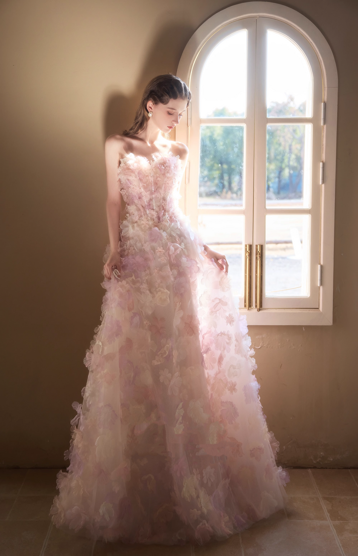 Blush Pink Strapless Evening Dress with 3D Floral Appliqué – Floral Evening Dress with Lace-Up Back Plus Size