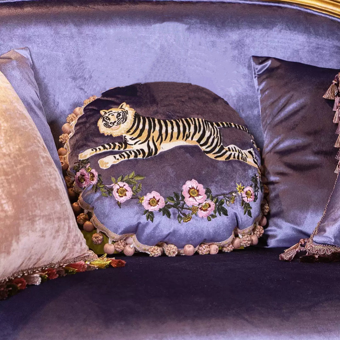 “The Velvet Sprint” – Embroidered Tiger Round Velvet Cushion with Tassel Trim