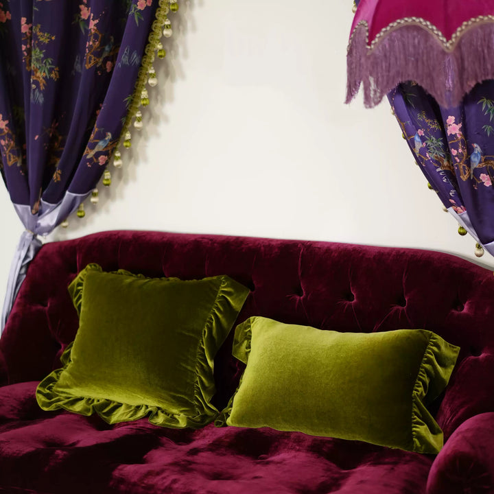 “Merlot Whispers” – Handmade Velvet Ruffle Cushion in Deep Burgundy