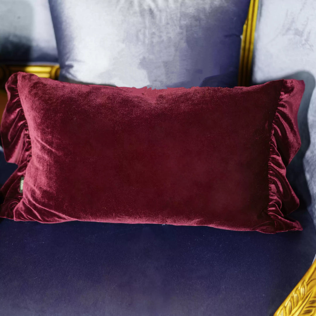“Merlot Whispers” – Handmade Velvet Ruffle Cushion in Deep Burgundy