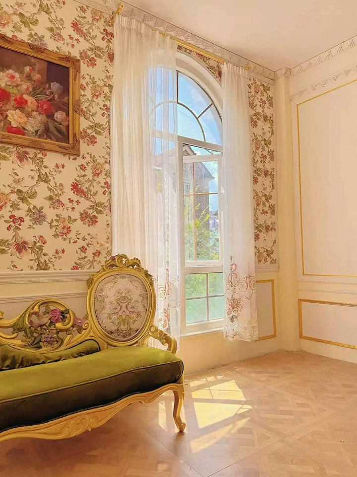 “Le Jardin Royal” Rococo Curtains – Versailles Floral Drapery Canopy with Baroque Tassel Valance for French Palace Bedroom Decor