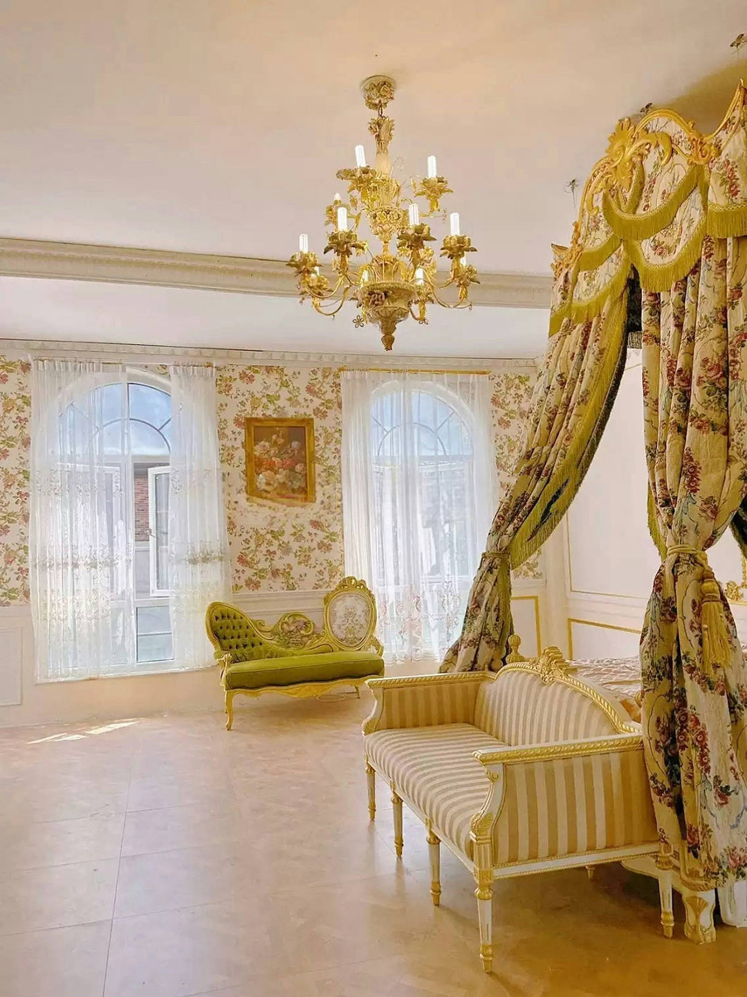 “Le Jardin Royal” Rococo Curtains – Versailles Floral Drapery Canopy with Baroque Tassel Valance for French Palace Bedroom Decor