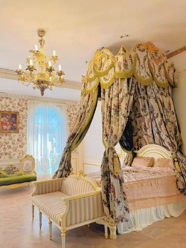 “Le Jardin Royal” Rococo Curtains – Versailles Floral Drapery Canopy with Baroque Tassel Valance for French Palace Bedroom Decor