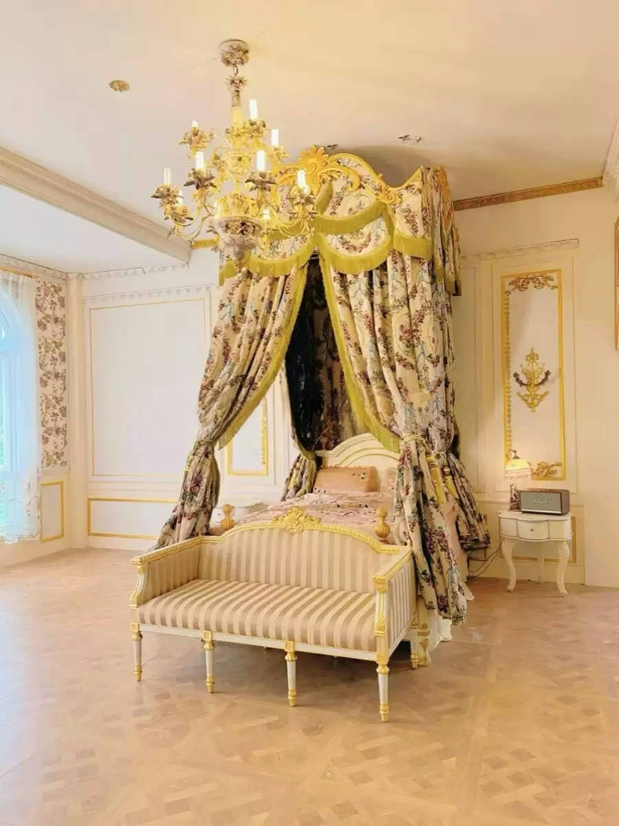 “Le Jardin Royal” Rococo Curtains – Versailles Floral Drapery Canopy with Baroque Tassel Valance for French Palace Bedroom Decor
