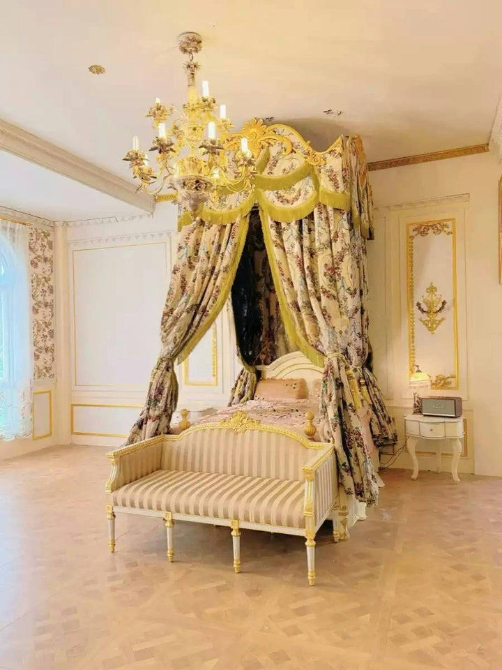 “Le Jardin Royal” Rococo Curtains – Versailles Floral Drapery Canopy with Baroque Tassel Valance for French Palace Bedroom Decor
