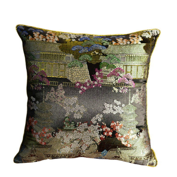 Midnight Pagoda – Handmade Black Satin Chinese Pillow with Gold Embroidery