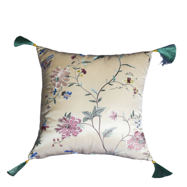 Embroidered Silk Floral Cushion with Green Tassels – Handmade Chinese Throw Pillow