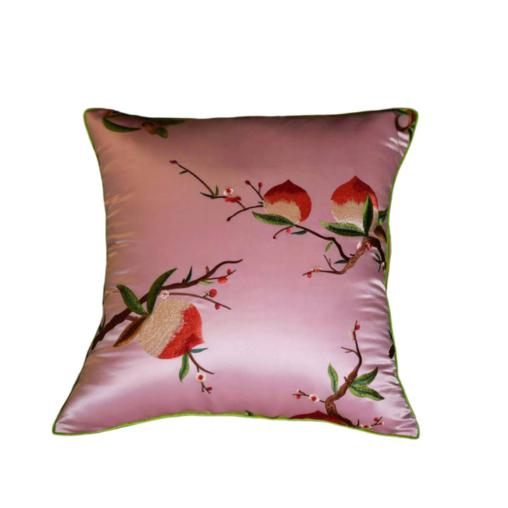 Peach Blossom Luck – Handmade Embroidered Silk Throw Pillow with Peach Motif