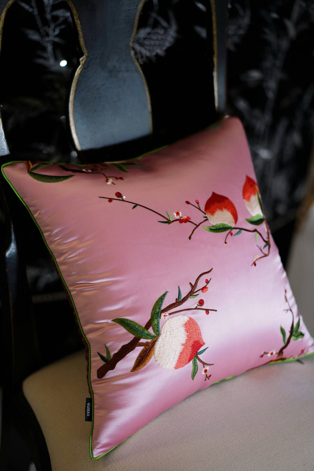 Peach Blossom Luck – Handmade Embroidered Silk Throw Pillow with Peach Motif