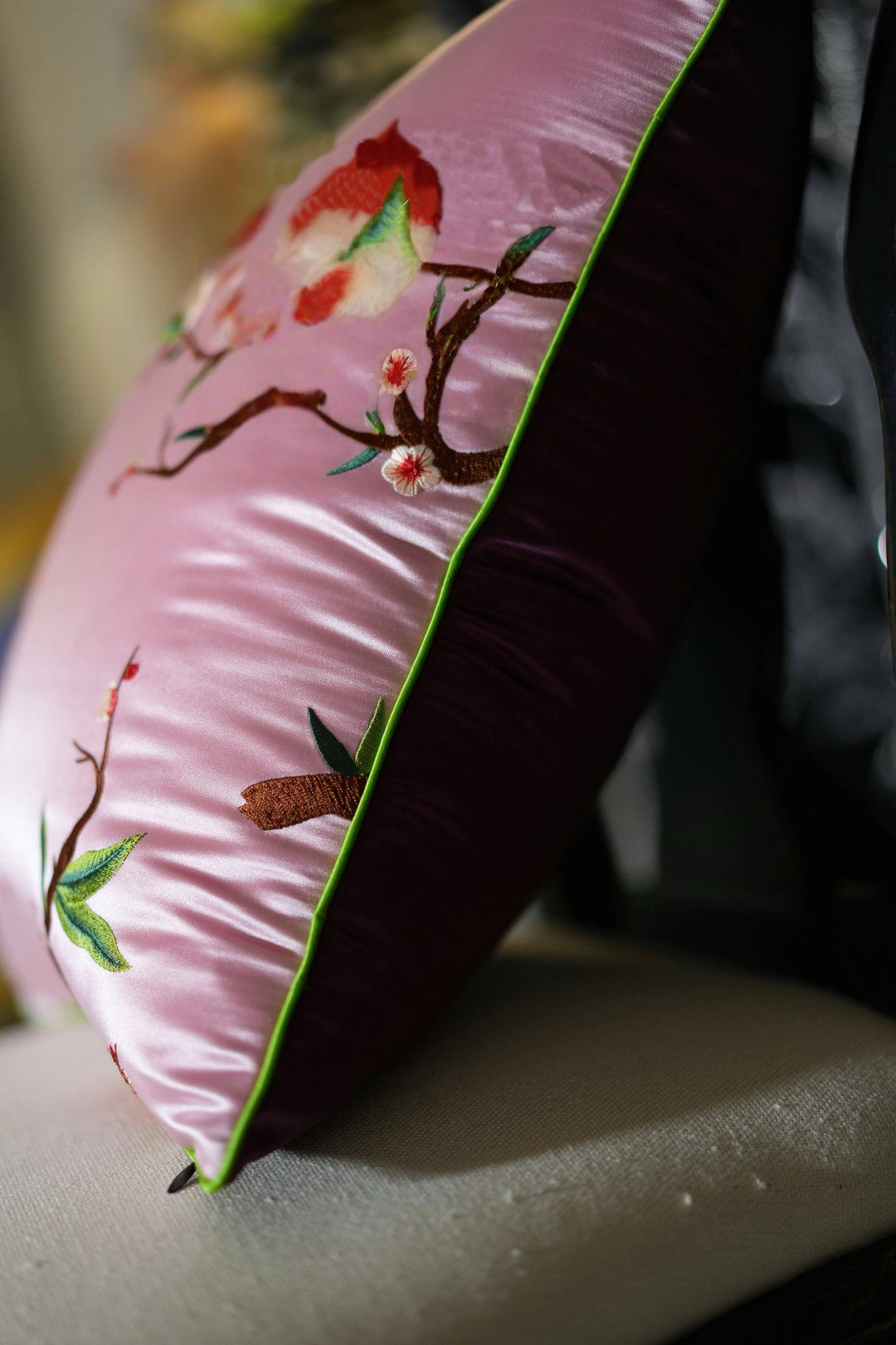 Peach Blossom Luck – Handmade Embroidered Silk Throw Pillow with Peach Motif