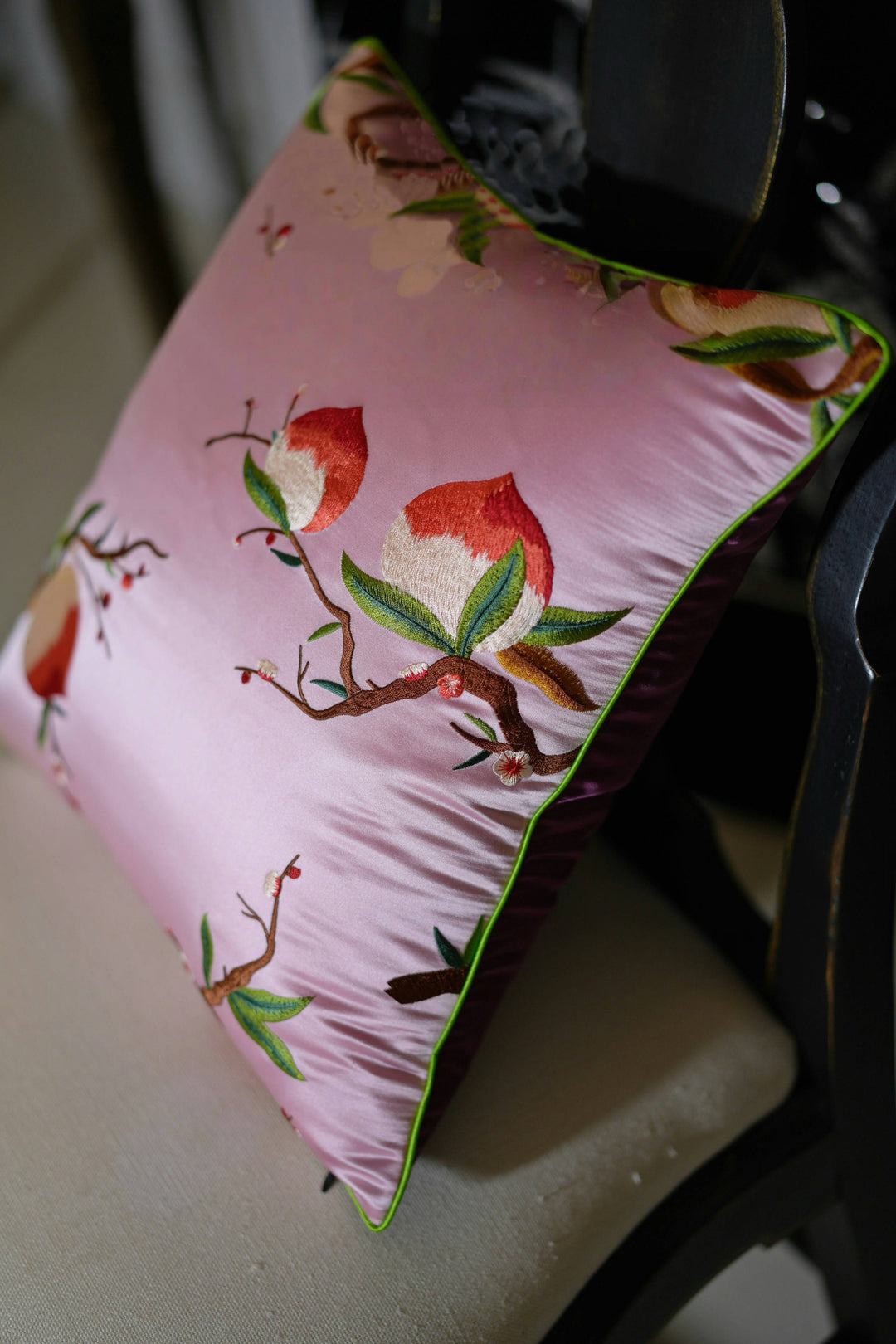 Peach Blossom Luck – Handmade Embroidered Silk Throw Pillow with Peach Motif