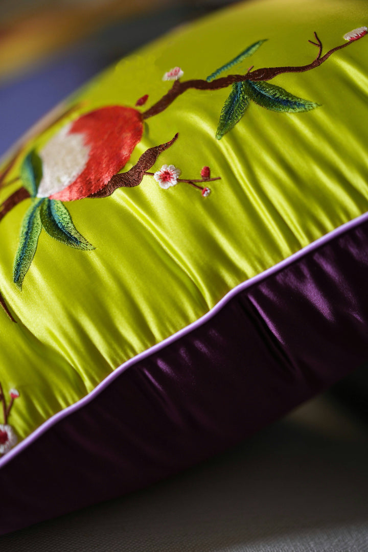 Peach Blossom Luck – Handmade Embroidered Silk Throw Pillow with Peach Motif