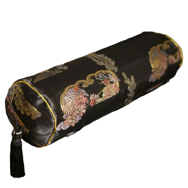 Handmade Brocade Bolster Pillow with Embroidered Tassels – Black Satin Cylindrical Cushion with Oriental Motifs