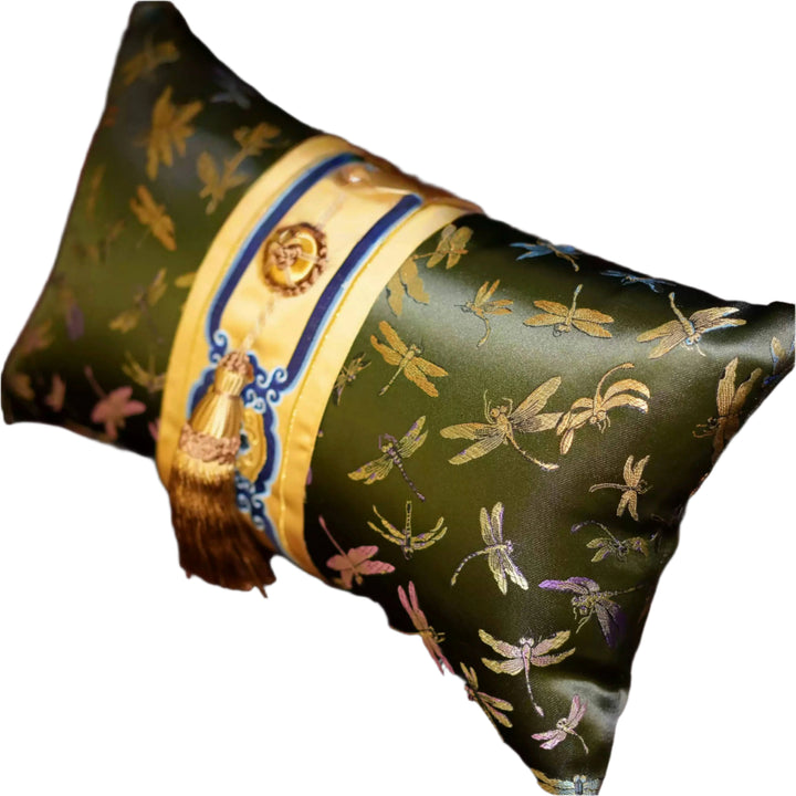 Embroidered Dragonfly Satin Lumbar Pillow – Green Gold New Chinese Style Tassel Cushion