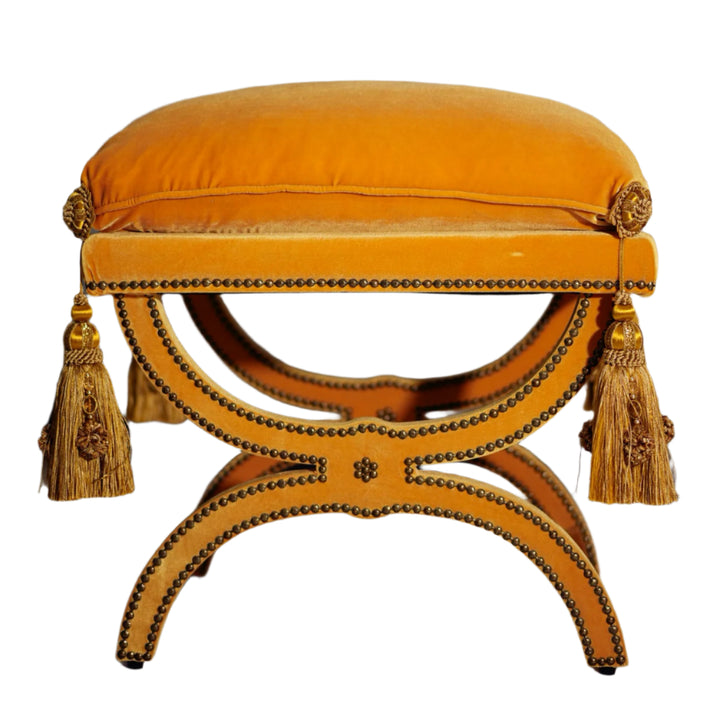 French Vintage Tassel Bench – Handmade Velvet Upholstered Stool with Carved Wood Frame