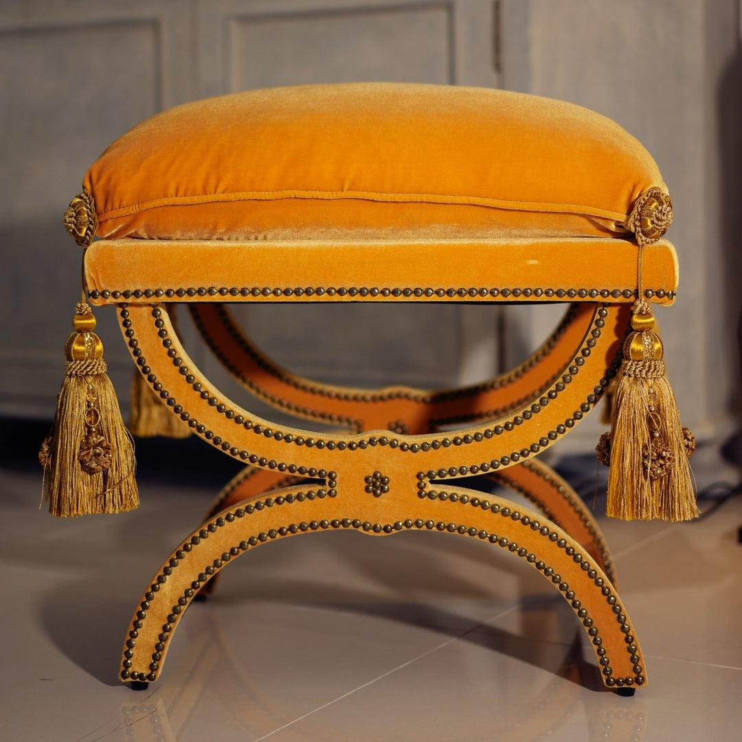 French Vintage Tassel Bench – Handmade Velvet Upholstered Stool with Carved Wood Frame