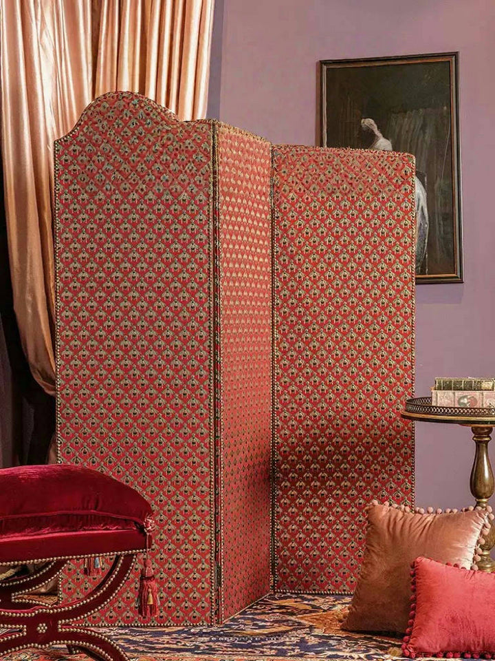 Vintage Retro Deco Room Divider – Handmade 3-Panel Folding Screen with Red Animal Print and Carved Wood Frame