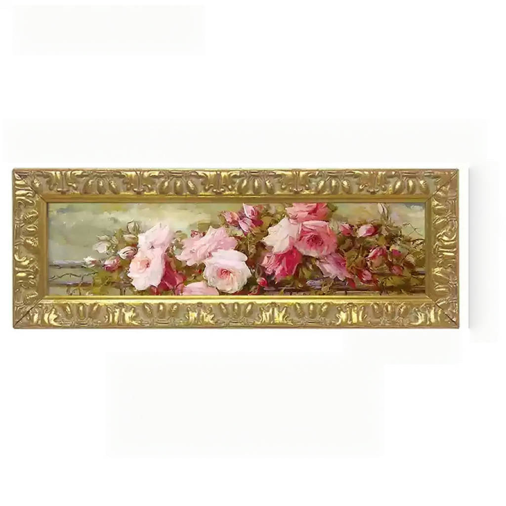 Vintage Retro Hand-Craft Floral Wall Frame – Handmade European Baroque Wooden Rectangle Picture Frame with Pink Roses
