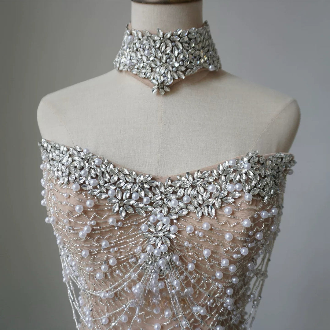 Nude Strapless Glitter Dress -  Beaded Evening Dress with White Satin Wrap – Embellished Gown Plus Size