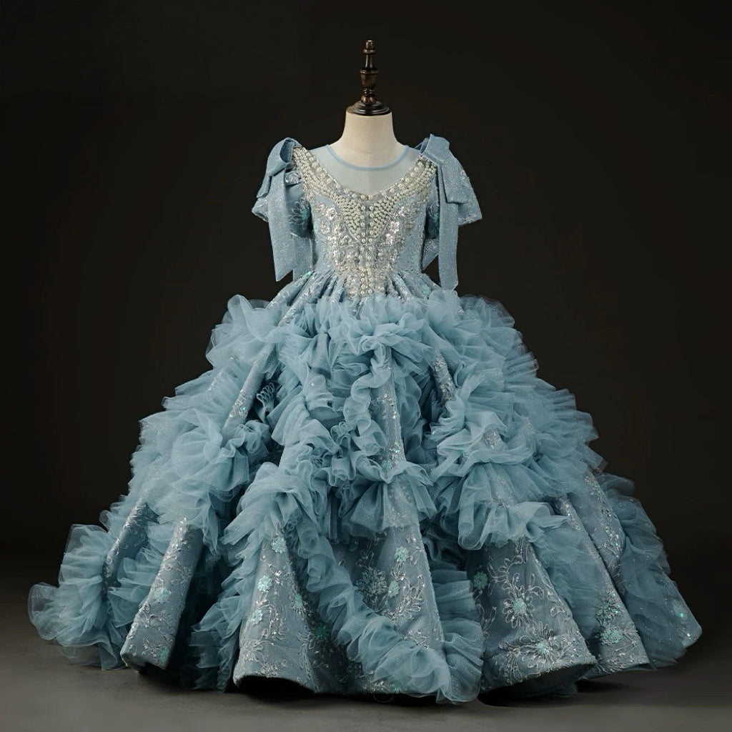 Blue Ruffled Tulle Flower Girl Dress with Beaded Bodice – Blue Children Dress Plus Size