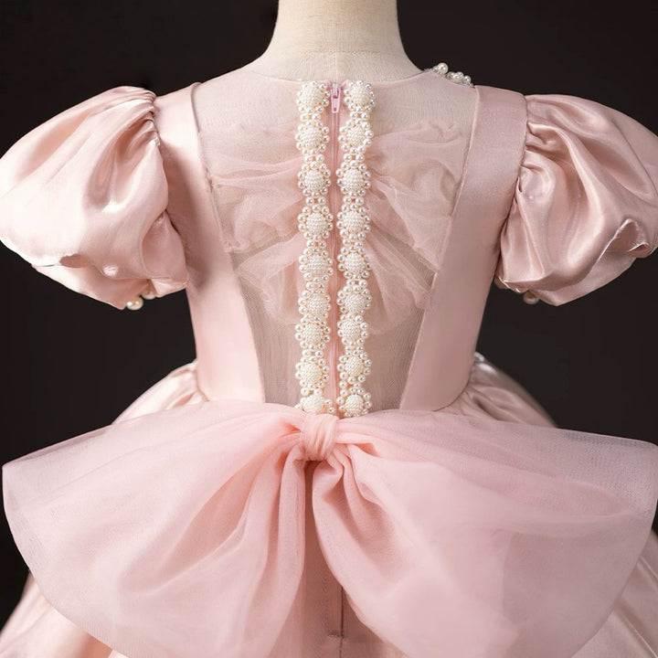Blush Pink Satin Flower Girl Dress with Puff Sleeves – Blush Flower Girl Dress with Pearl Plus Size