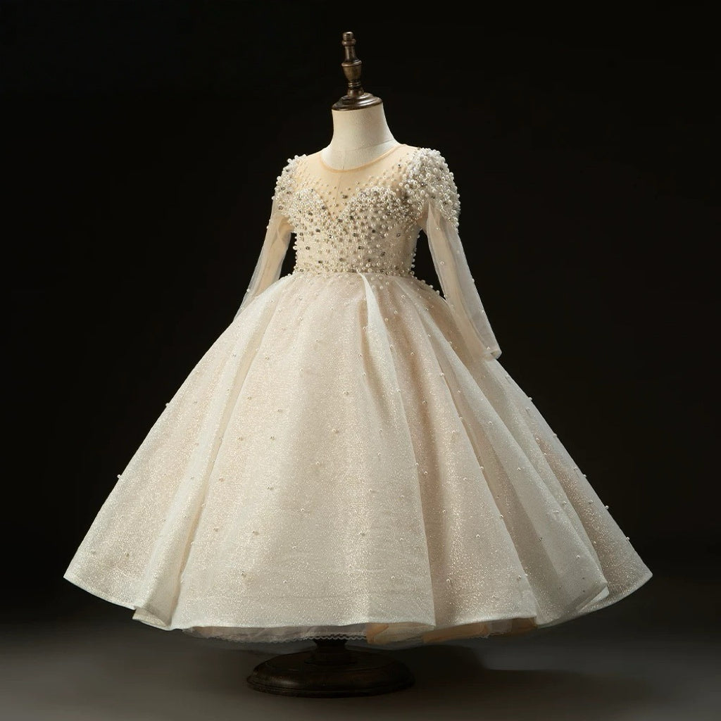 Champagne Long Sleeve Flower Girl Dress with Tulle Skirt – Tulle Folwer Girl Dress with Pearl Plus Size