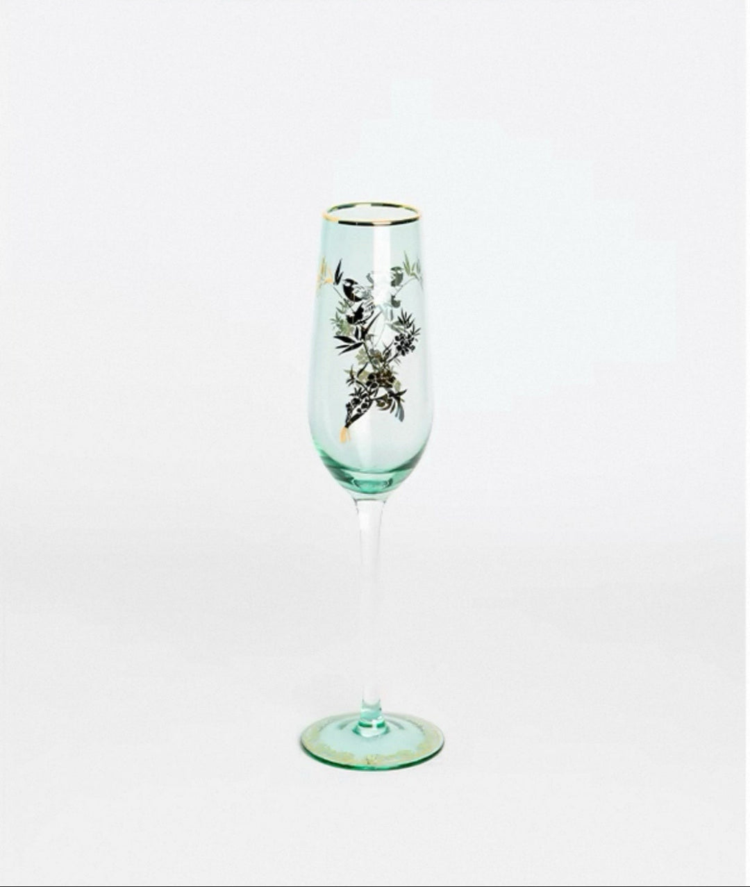 Vintage-Inspired Handmade Italian Green Gilded Glass Champagne Flutes