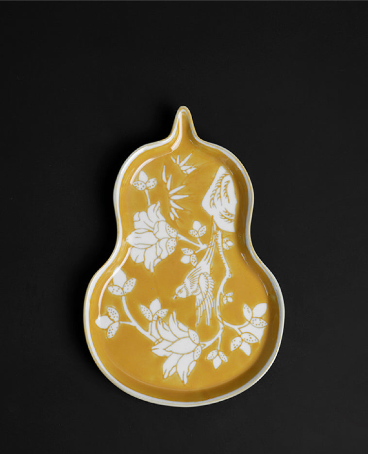 Antique Handcrafted Yellow Gourd Pedestal Bowl and Painted Porcelain Plates