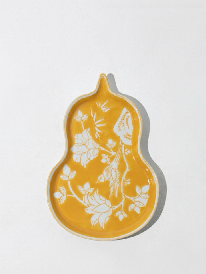 Antique Handcrafted Yellow Gourd Pedestal Bowl and Painted Porcelain Plates