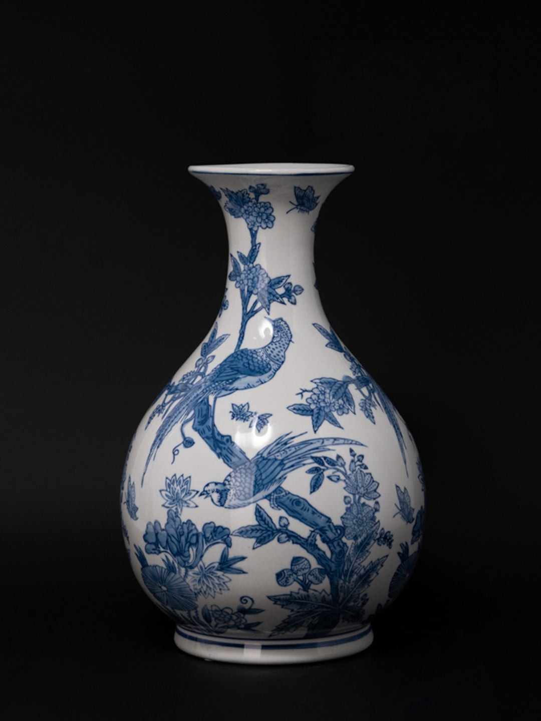 Mandarin Handmade Blue and White Porcelain Vases with Hand Painted Phoenix and Floral Design
