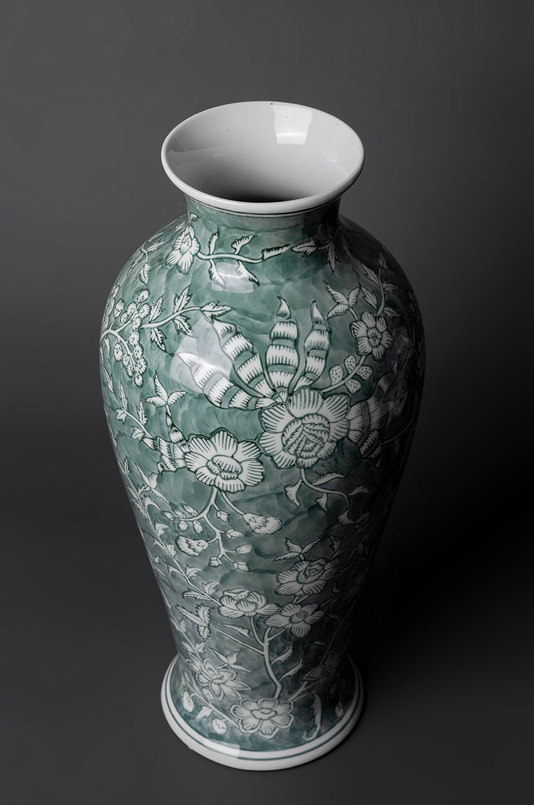 Oriental Celadon Green Grisaille Handmade Porcelain Vase with Twin Branch Motif