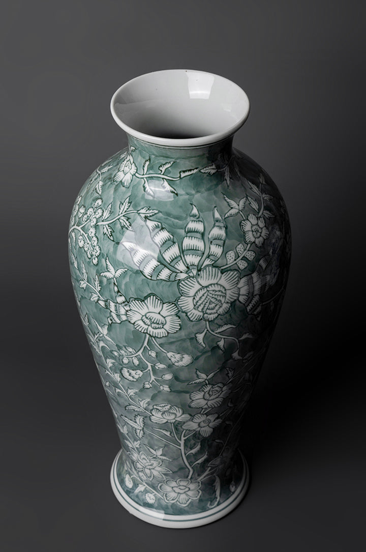 Oriental Celadon Green Grisaille Handmade Porcelain Vase with Twin Branch Motif