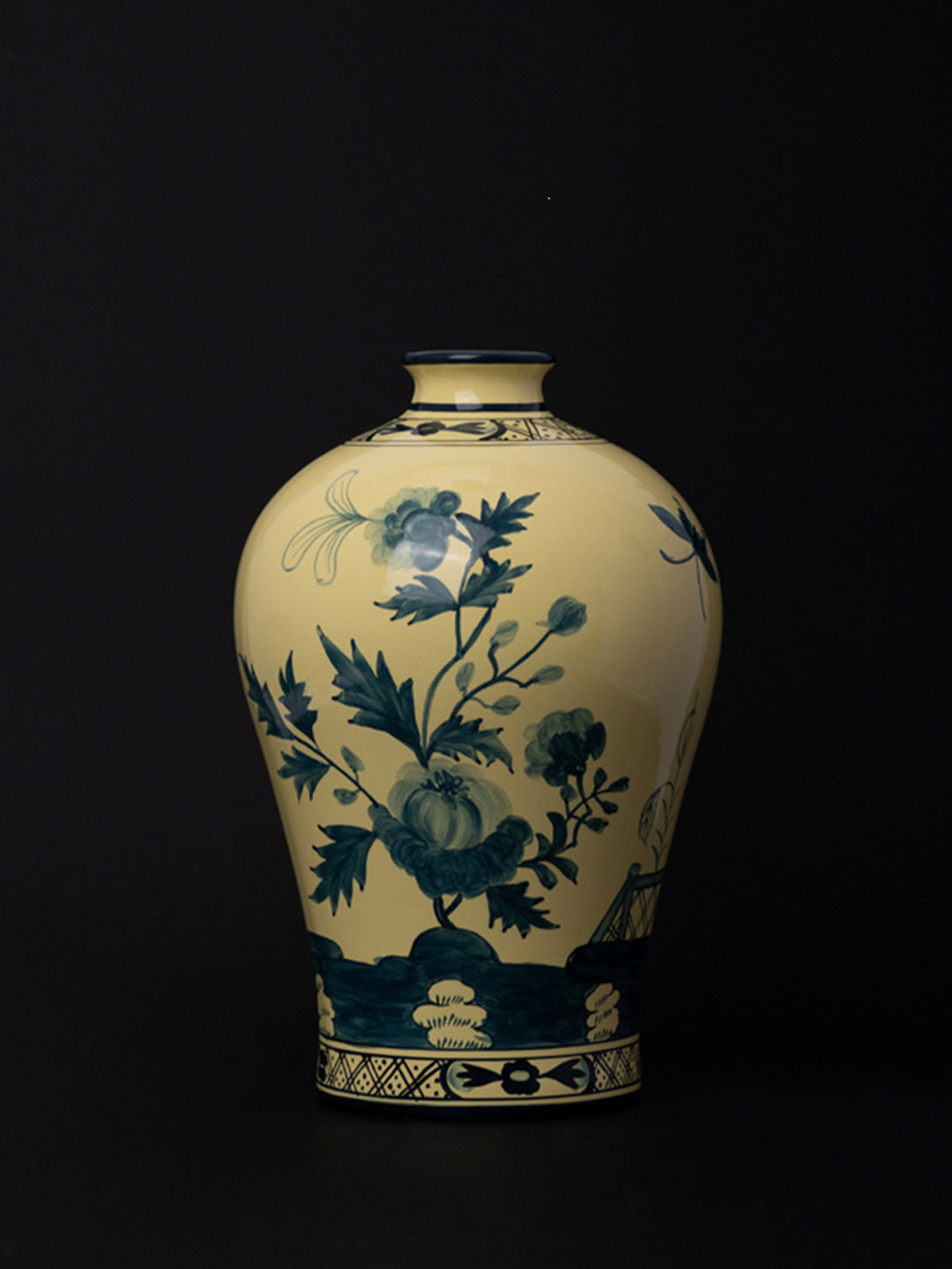 Oriental Italian Handmade Porcelain Vase in Naples Yellow with Cobalt Blue Floral Motifs