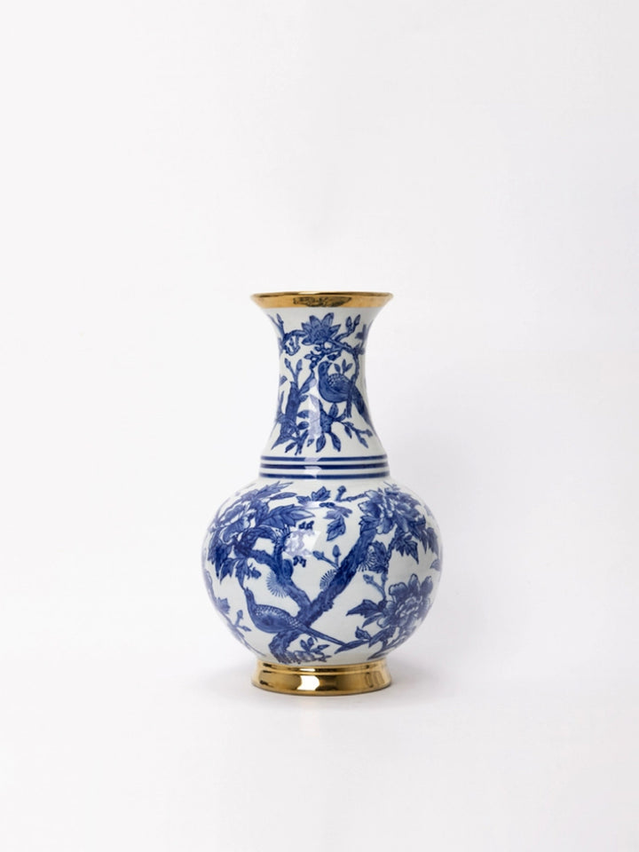 Oriental Handcrafted French Import Blue and White Porcelain Vase with Gilded Accents Wide-Mouth Belly Shape