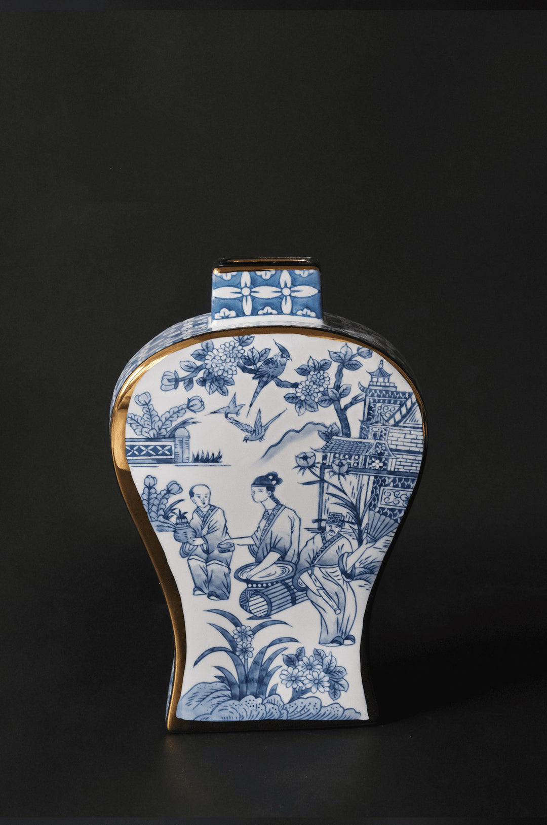 French Imported Oriental Hand-Painted Blue and White Porcelain Vases with Gilded Accents