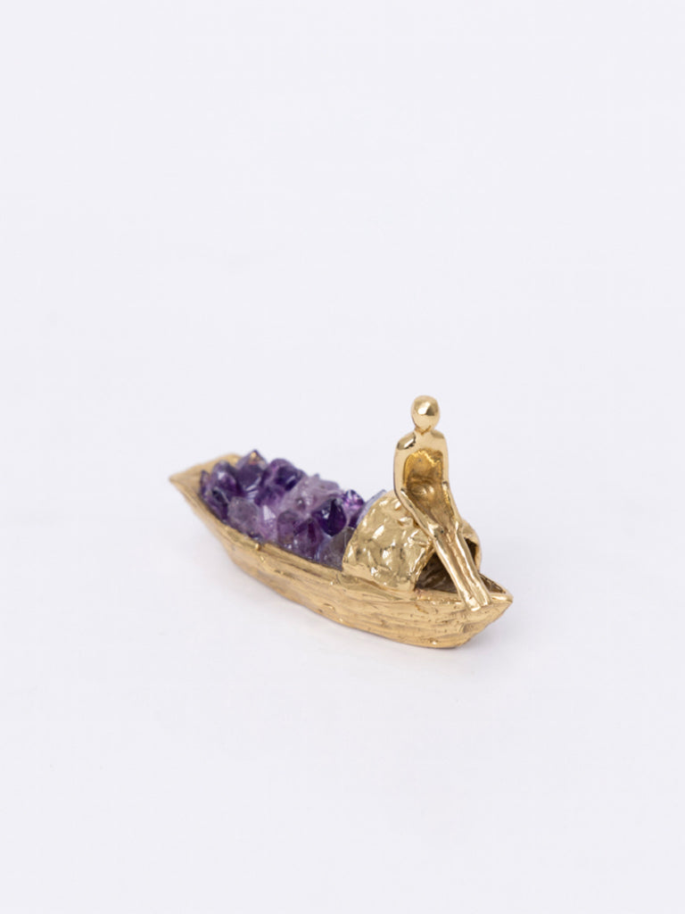 Antique Handmade Golden Brass Decor and Amethyst Decorative Stone