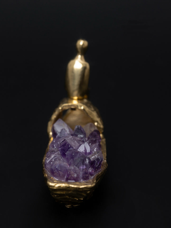 Antique Handmade Golden Brass Decor and Amethyst Decorative Stone