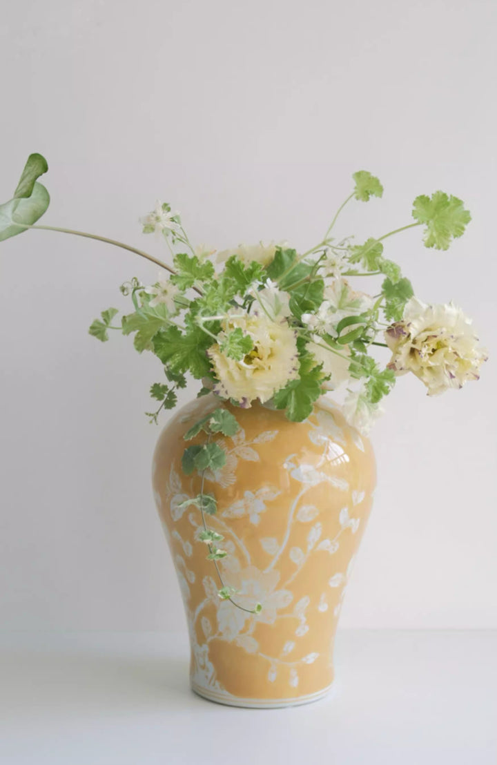 Oriental Yellow Glazed Porcelain Vase with White Floral Motifs French Imported