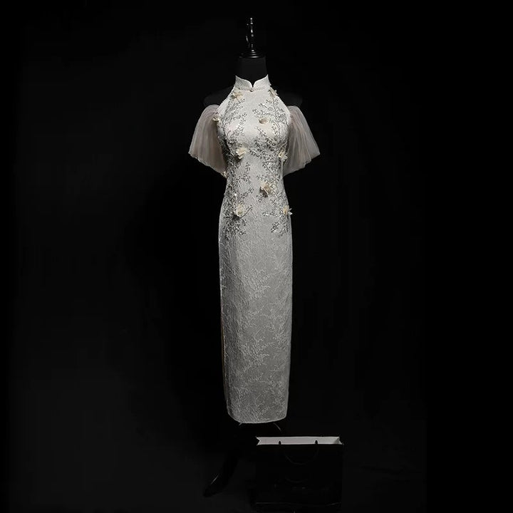 Champagne Cheongsam Dress with Lace and Sheer Butterfly Sleeves – Elegant High Neck Qipao with Floral Embroidery Plus Size