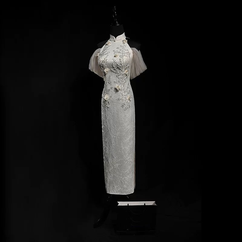 Champagne Cheongsam Dress with Lace and Sheer Butterfly Sleeves – Elegant High Neck Qipao with Floral Embroidery Plus Size